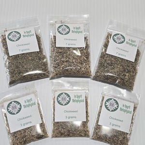 May include: Six clear plastic bags filled with dried chickweed. Each bag has a white label with the text "In Spyrit Metaphysical" and "Chickweed". Three bags contain 7 grams, and three contain 3 grams.