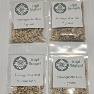 "Four small clear bags of Ashwagandha Root from In Spyrit Metaphysical, showing 3 gram and 7 gram weight variations with professional white labels."