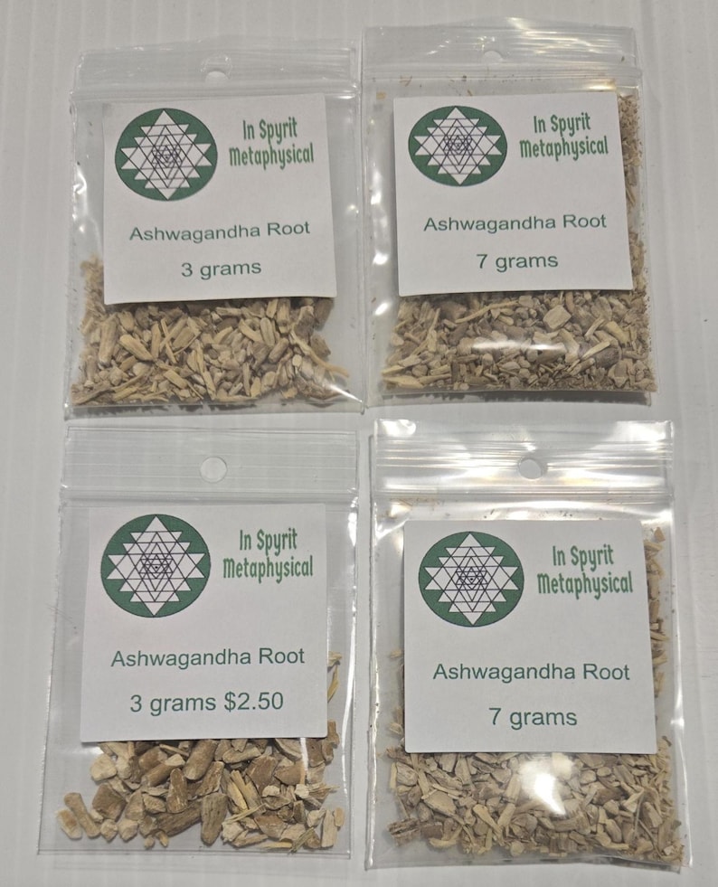 "Four small clear bags of Ashwagandha Root from In Spyrit Metaphysical, showing 3 gram and 7 gram weight variations with professional white labels."