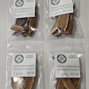 May include: Four clear plastic resealable bags containing dried brown Reishi Mushroom Ganoderma lucidum slices. Each bag features a white label with a green geometric logo, the text In Spyrit Metaphysical, and the weight in grams.