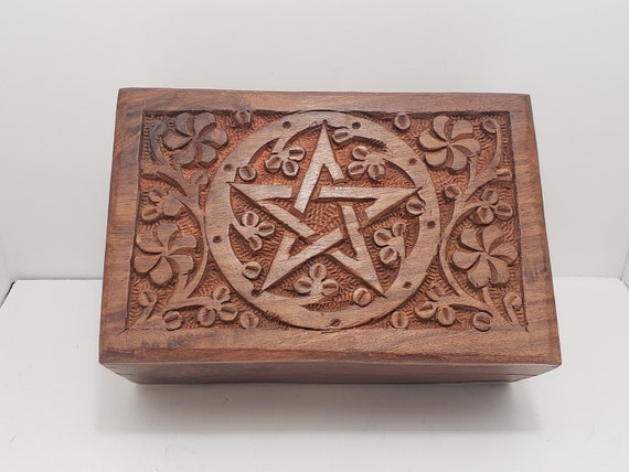 7 Pentagram Wood Carved Box Crystal Box 5 Point Star Flowers Hand Carved Storage Box Jewelry Box