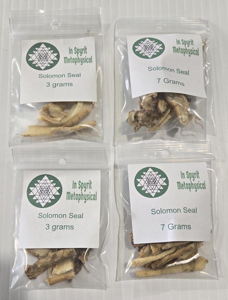 A set of four clear bags of Solomon's Seal Root from InSpyrit Metaphysical arranged in a square on a white surface. The top row shows two 3-gram bags and the bottom row shows two 7-gram bags, all featuring professional white and green labels