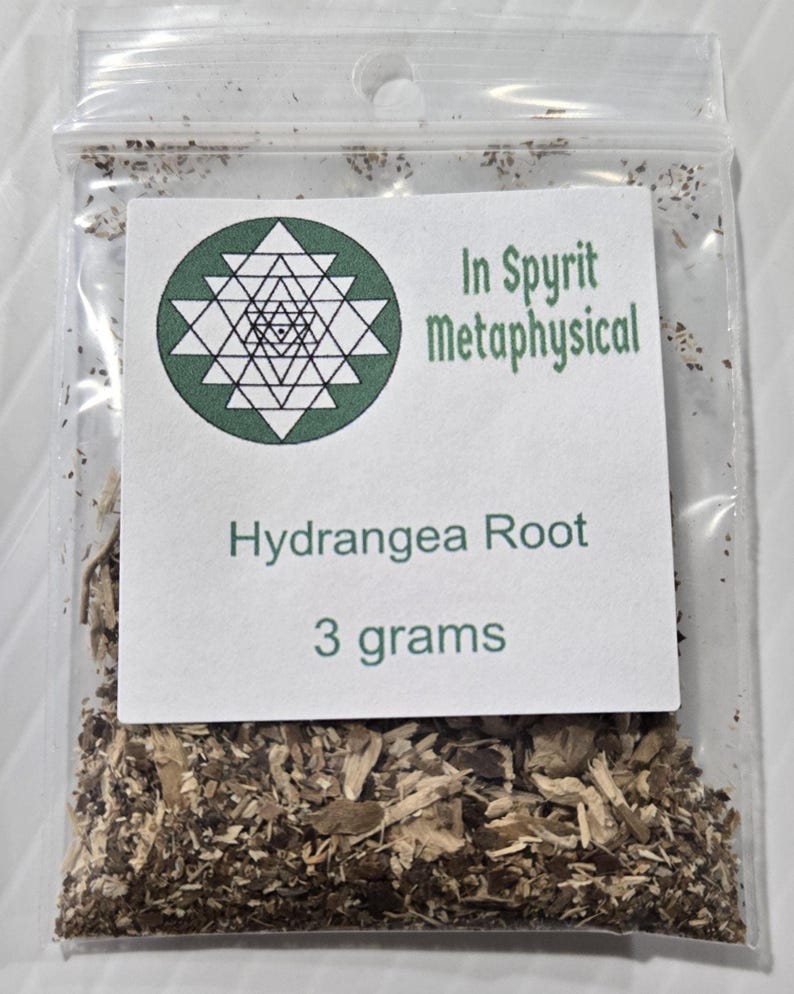 A close-up photograph from InSpyrit Metaphysical showing a single clear plastic bag of dried hydrangea root, labeled with a round white company sticker marked "Hydrangea Root 3 grams."