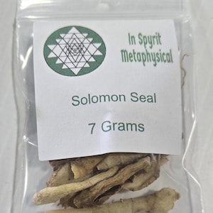 A close-up, vertical shot of a single 7-gram bag of Solomon's Seal Root from InSpyrit Metaphysical held against a white background. The clear packaging shows the dried, chopped root pieces, and the white label clearly displays the shop's green sacred geometry logo, "Solomon Seal" name, and the "7 Grams" weight.