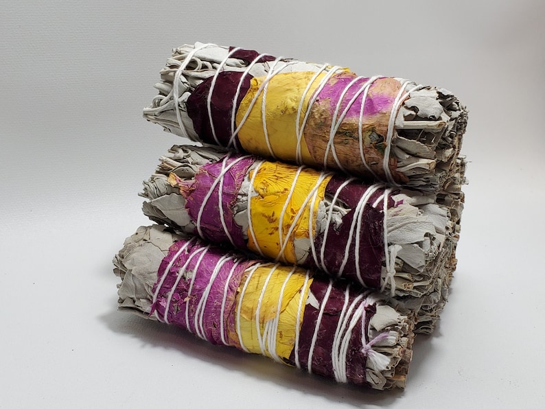 White Sage with Rose Petals,This smudge stick is California White Sage with a red, yellow and purple rose petal wrapped around it.Herb shop 
