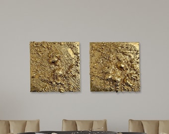 Modern Gold Paintings on Canvas, Textured Glam Wall Art Set, Contemporary Artwork, Large Gold Decor Piece