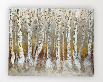 Original Painting with Birch Trees, Abstract Metallic Art, Unique Wall Decor, Tree Artwork