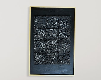 Original Black Canvas Painting, Textured 3D Sculptural Art, Modern Mixed Media Wall Decor