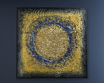 Gold abstract textured painting, original heavy texture wall art, unique sculptural wall decor, large luxury painting, framed modern art