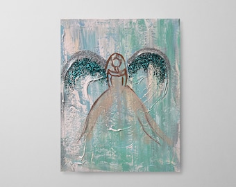 Original Angel Painting, Abstract Art, Stretched Canvas, Textured Palette Knife, Religious Painting, Farmhouse, Angel Decor, Wall Art