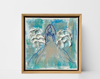 Abstract Angel Painting White Grey Blue Home Decor Gift Wall Art Guardian Angel White Acrylic Painting Spiritual