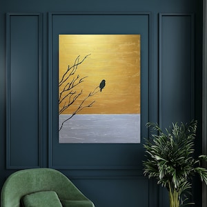 Bird Art Painting On Canvas, Hand Painted Bird artwork for wall decor, nature bird lover gift, lovebirds, metallic gold bird on branch art