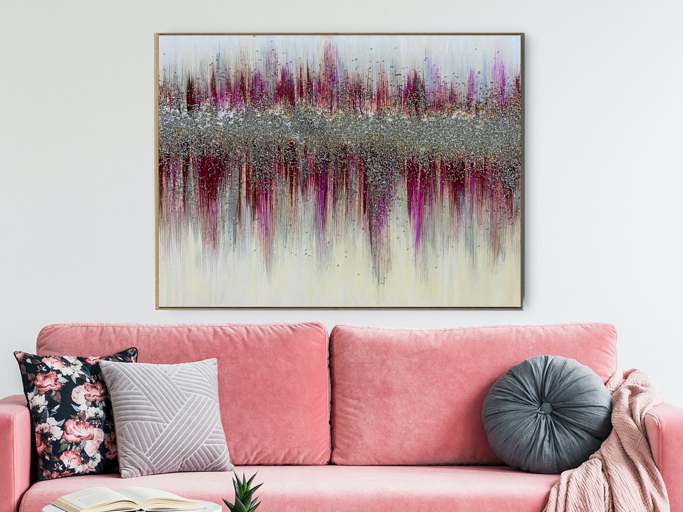 Fuchsia Silver Glitter Painting on Canvas Glitter Wall Art Etsy