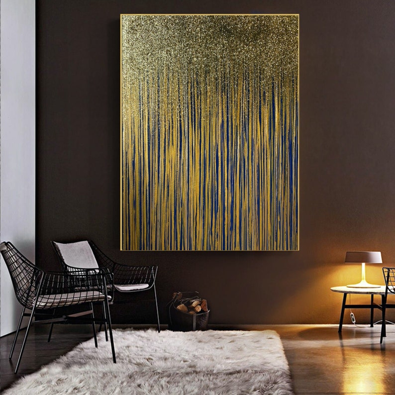 Modern Gold Glitter Abstract Painting on Canvas Blue Gold Etsy