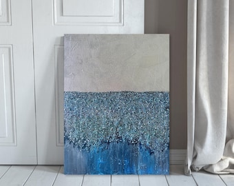 Abstract Glitter Painting in Blue, Hand-Painted Canvas Art, Sparkle Wall Decor, Contemporary Art Piece