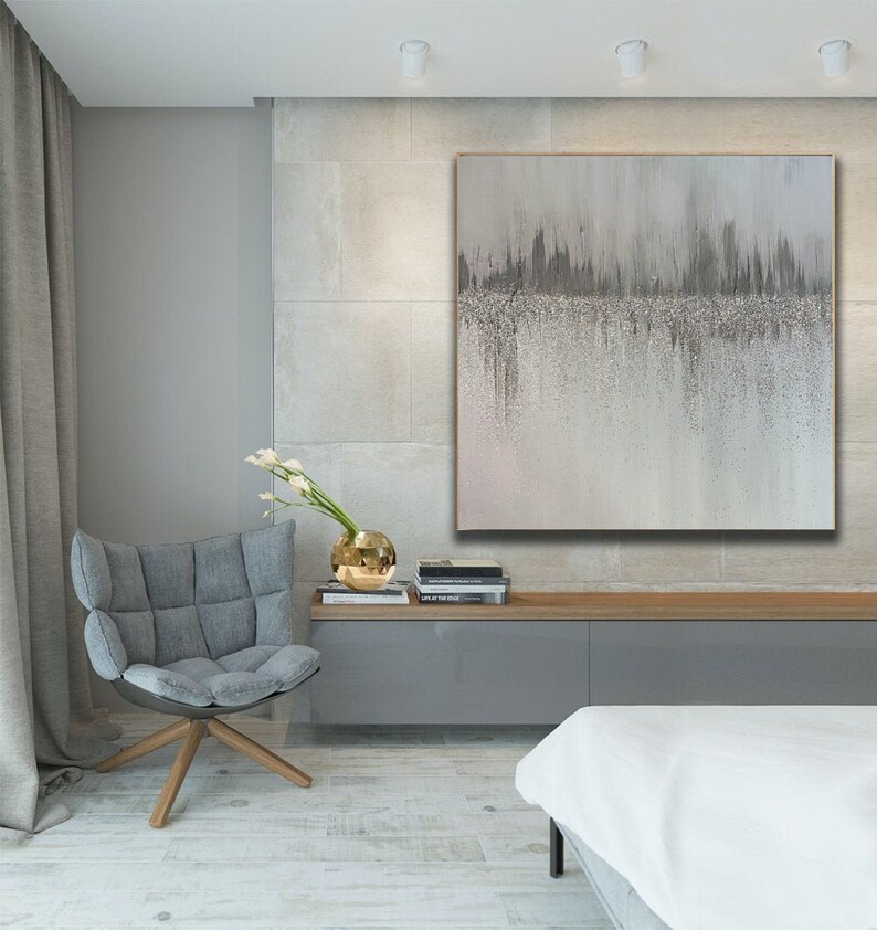 Large wall art glitter abstract painting on canvas gray Etsy