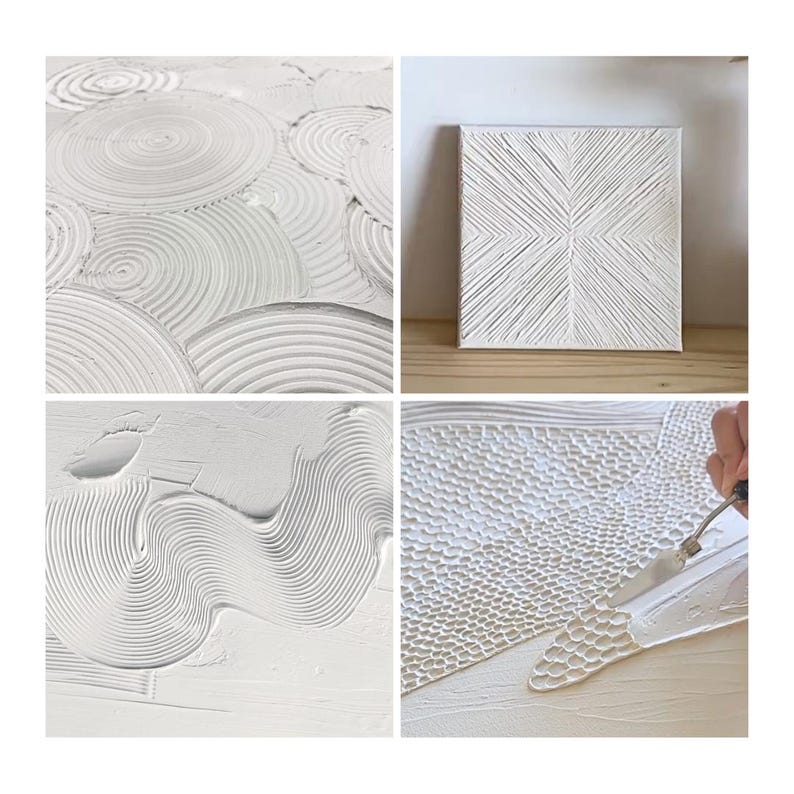 May include: A collection of four images showcasing textured white art pieces. One image features concentric circles, another a geometric design, and a third shows flowing lines. The fourth image shows the application of the texture with a trowel.