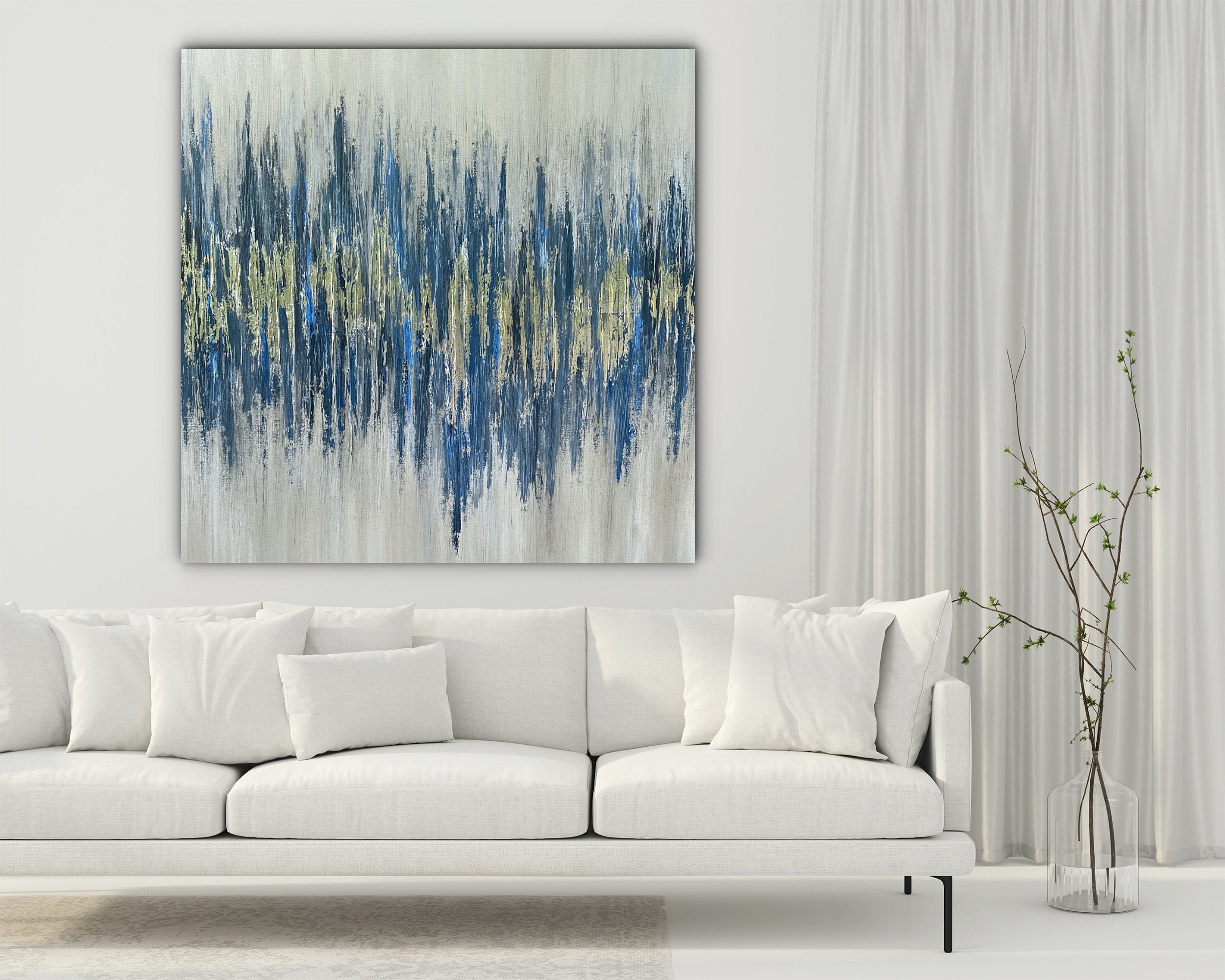 Silver Navy blue art Silver Leaf art Original Abstract art Etsy