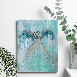 Handmade Angel Painting on Canvas, Guardian Angel Art, Cherub Wall Decor, Religious Gift, Heavenly Artwork