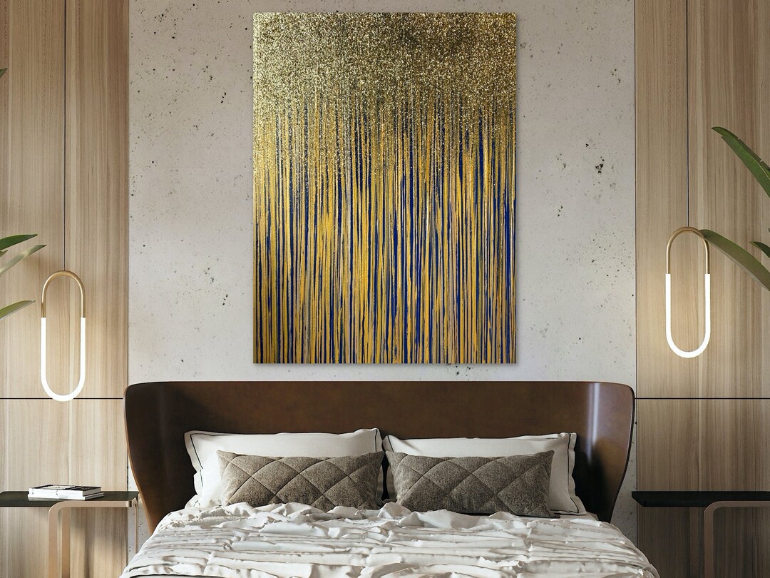 Modern Gold Glitter Abstract Painting on Canvas Blue Gold Etsy