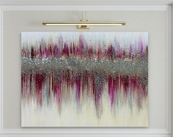 Fuchsia silver glitter painting on canvas, glitter wall art canvas, silver painting, modern pink painting for wall decor, crushed glass art
