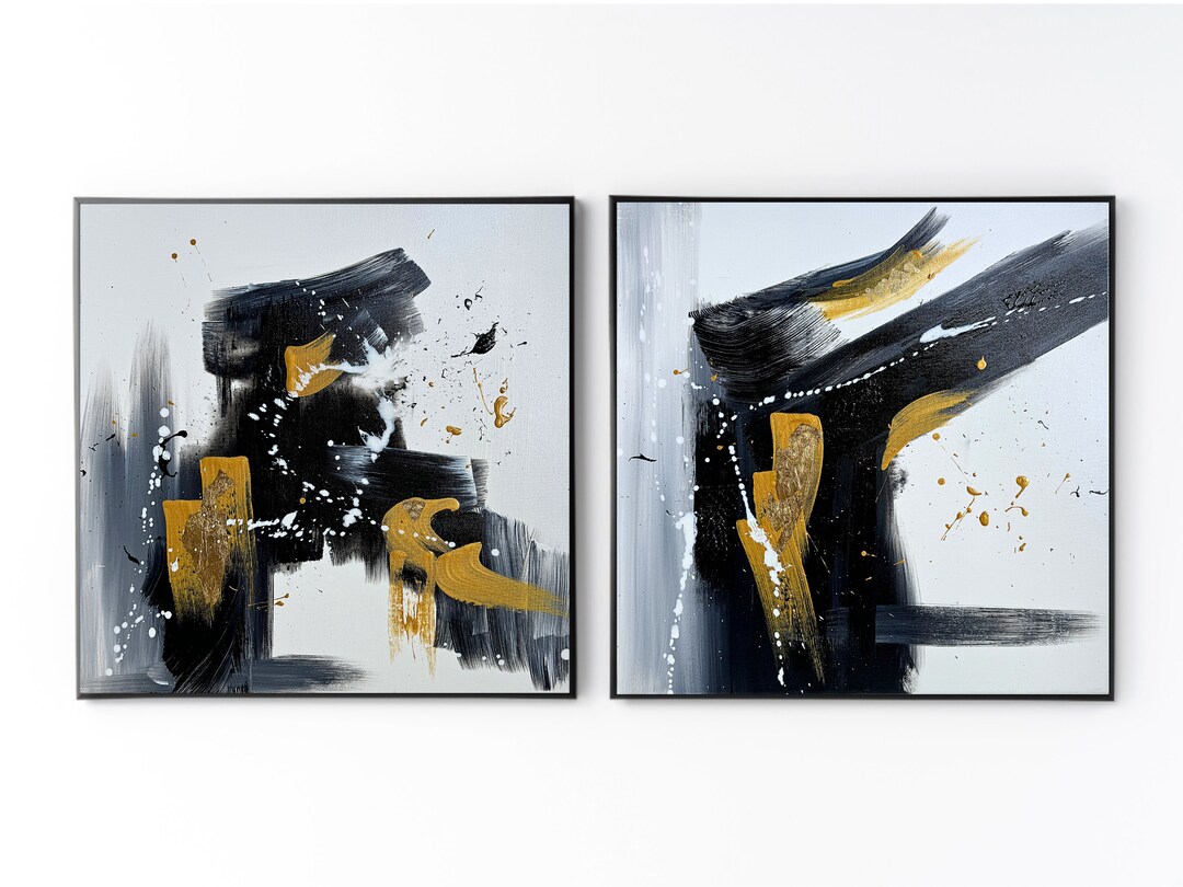 Black and White Abstract Painting Set With Gold Leaf Embellishment ...