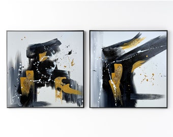 Black and White Abstract Painting Set with Gold Leaf Embellishment, Original Canvas Painting, Mixed Media Art