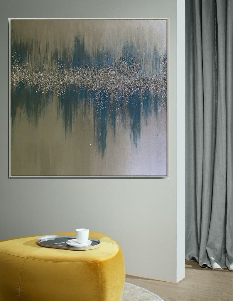 Large wall art Abstract blue silver Painting for wall decor Etsy
