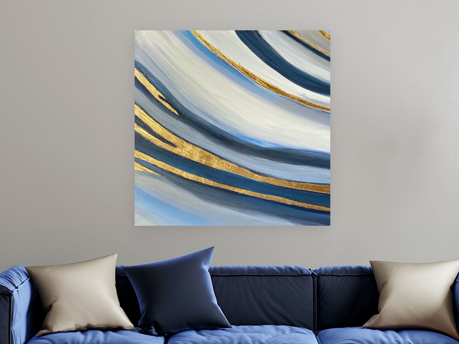 Large wall art Abstract Blue and Gold Painting for wall decor Etsy
