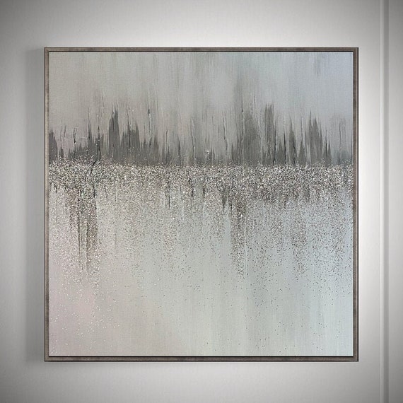 Large Wall Art Glitter Abstract Painting On Canvas Gray Etsy