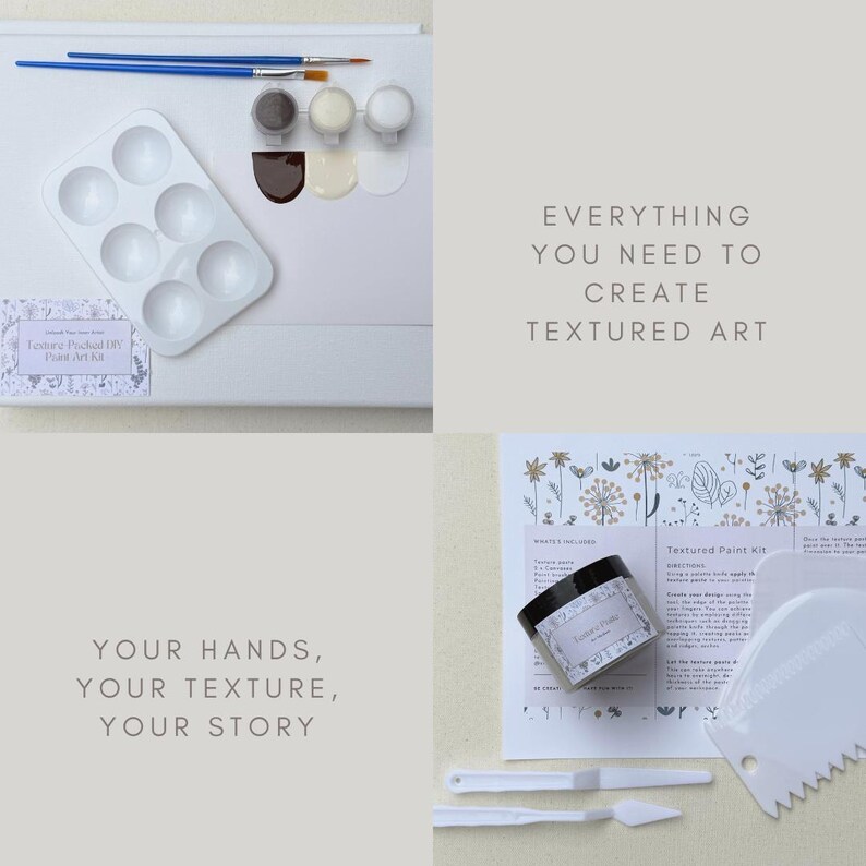 May include: A white art kit with paint, brushes, and a palette. The kit includes a jar of paint, a palette knife, and a textured paint kit. Text on the kit reads "Everything you need to create textured art."