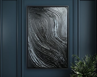 Black Textured Painting, Original Hand Painted Artwork, Sculptural Wall Decor, Dimensional Art, Heavy Textured Wall Art