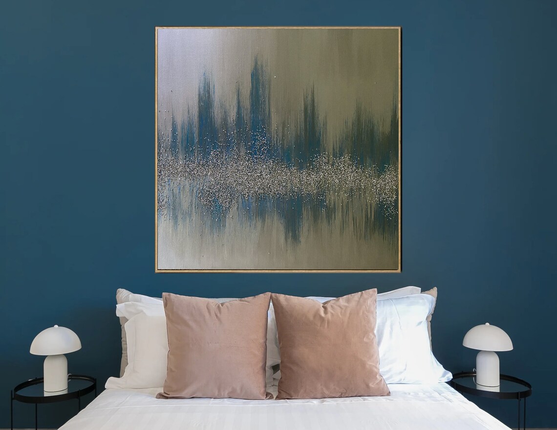 Large wall art Abstract blue silver Painting for wall decor Etsy