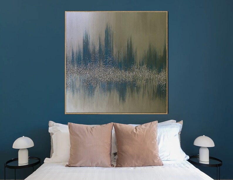 Large wall art Abstract blue silver Painting for wall