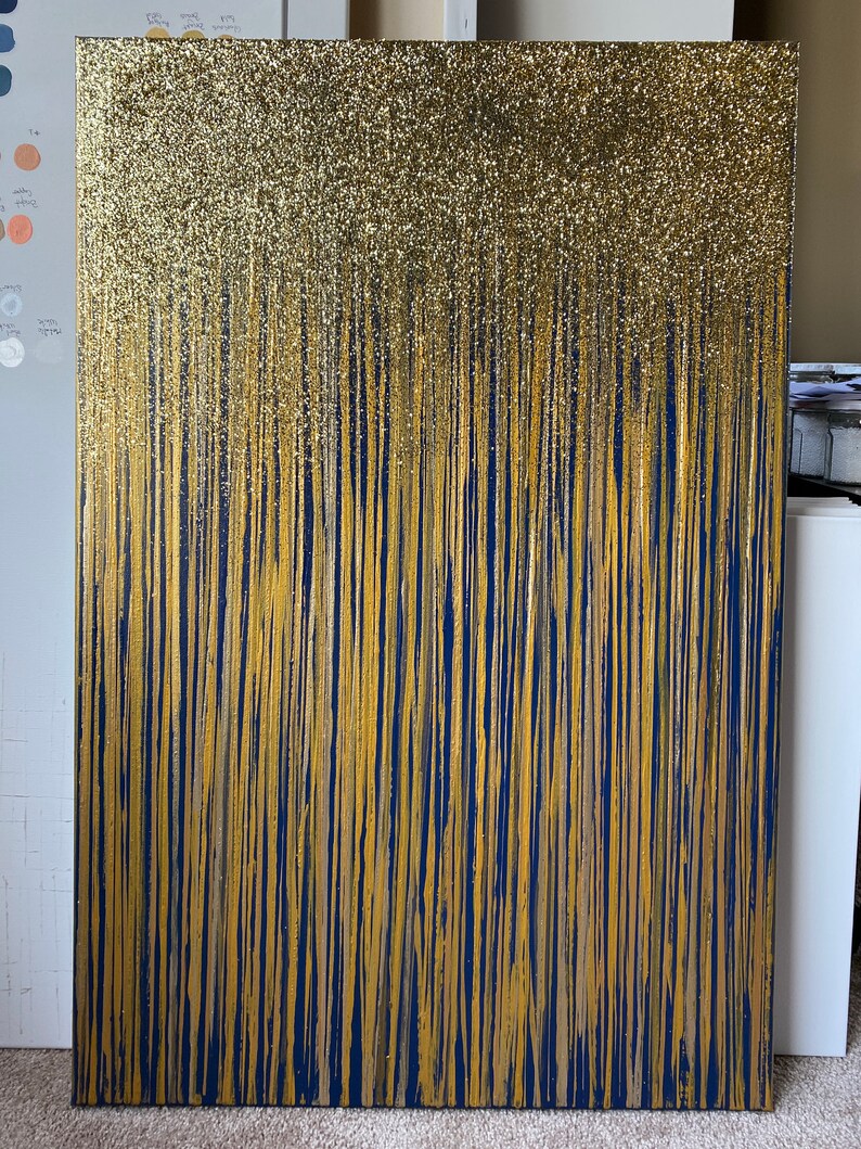 Modern Gold Glitter Abstract Painting on Canvas Blue Gold Etsy