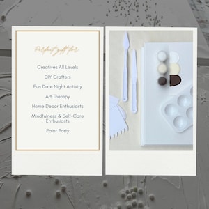 May include: A craft kit with white paint palettes, paint knives, and paint samples in various colors. The text "Perfect gift for" is at the top, followed by a list of activities and interests.
