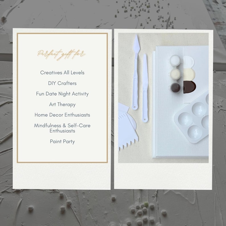 May include: A craft kit with white paint palettes, paint knives, and paint samples in various colors. The text "Perfect gift for" is at the top, followed by a list of activities and interests.