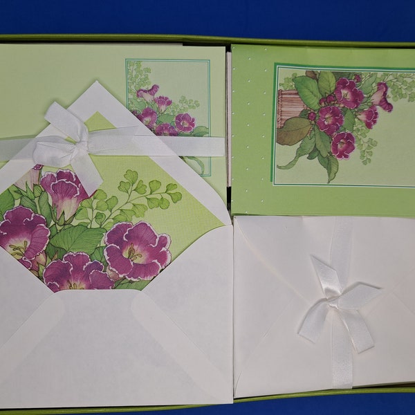 Large purple floral boxed stationary set. Montag by Gibson greetings. Decorated sheets,  note cards, and envelopes. Letter writing. Crafting