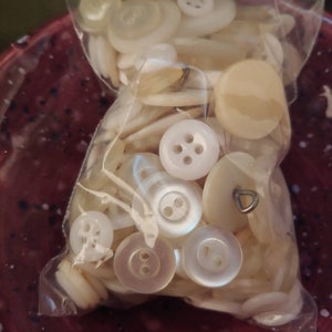 Classic sweet button grab bag lot from my big old button jar.  Combinations of white, clear, cream, ecru, and beige buttons.  3 oz