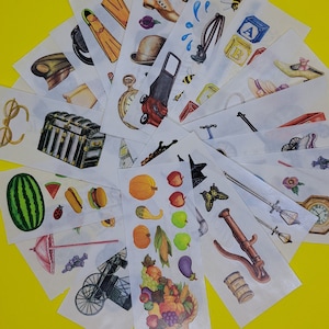 May include: A set of 16 colorful stickers featuring various images, including a watermelon, a hot dog, a pumpkin, a cornucopia, a watering can, a suitcase, a lawnmower, a hat, a pair of flippers, a bee, a watering can, a bicycle, a block with the letter A, a block with the letter B, and a shoe.