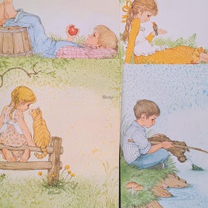 May include: A vintage illustration featuring four panels with children. One panel shows a boy with an apple, another a girl with a bird, a third a girl with a cat, and the last a boy fishing. The word "Stamp" is visible.