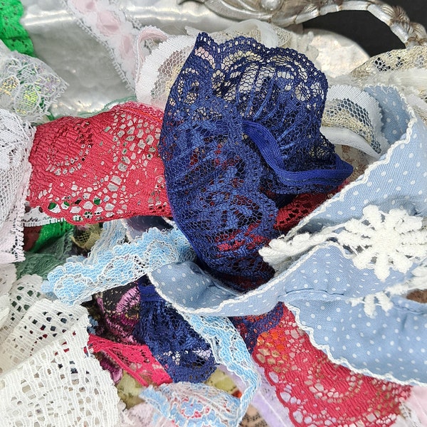 Lot of  junk lace and trim little bits. 35 pieces of variety mini junky fun lot. Umbrella sticker bag.