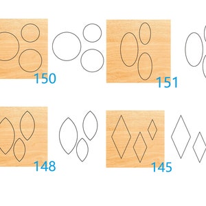 Puede incluir: Recortes de madera en diversas formas: círculos, óvalos, gotas y diamantes. Cada forma está delineada en negro y dispuesta sobre una superficie de madera marrón claro. Los números 150, 151, 148 y 145 están impresos en azul.