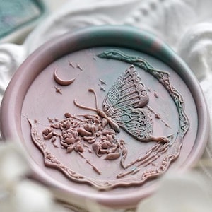 Sello de cera con forma de mariposa rosa, sello de cera con forma de rosa para envolver regalos con mango de madera, sello de cera con letras personalizable