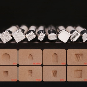Può includere: Un set di strumenti per timbrare la pelle in metallo argentato con varie teste decorate e sagomate. Sotto, sono esposti esempi di impressioni stampate su pelle marrone chiaro, ciascuna etichettata con un codice.