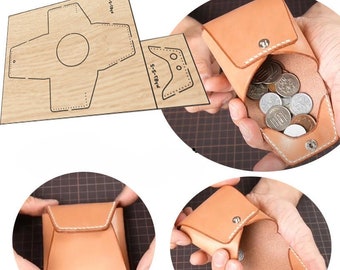 May include: A light brown leather coin purse with a snap closure, shown open and closed, filled with coins. A wooden template with cut-out shapes is also visible, suggesting a DIY leathercraft project.