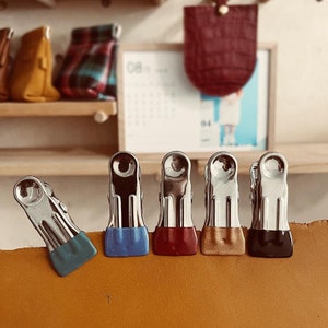 May include: Five metal binder clips with colorful rubber ends in teal, blue, red, tan, and black. The clips are arranged on a tan leather surface. A calendar and other leather goods are visible in the background.