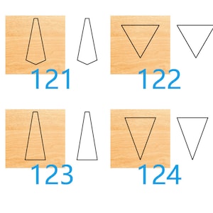 Könnte beinhalten: Eine Sammlung geometrischer Formen, darunter Trapeze und Dreiecke, auf hellem Holzgrund. Jede Form ist schwarz umrandet. Blaue Zahlen 121, 122, 123 und 124 befinden sich unter den Formen.