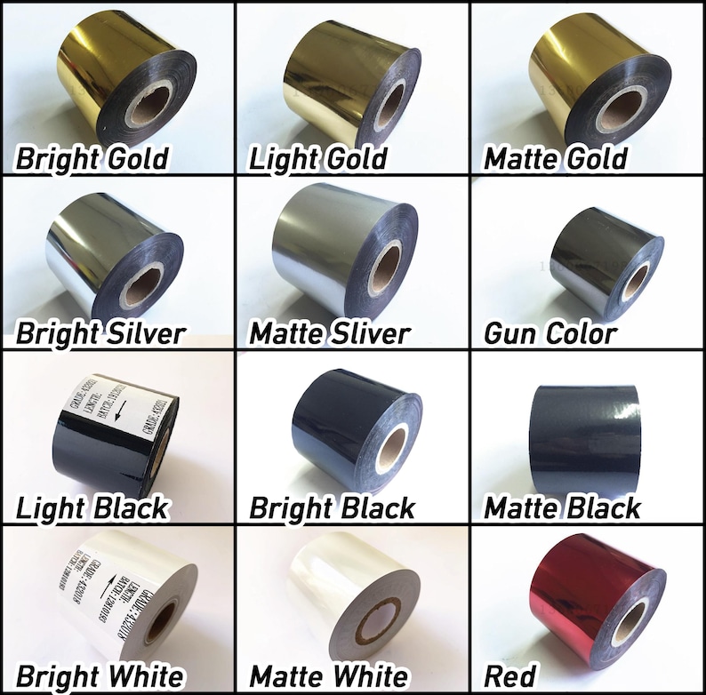 May include: A selection of foil rolls in a grid, showcasing colours like gold, silver, black, white, and red. Each roll is labelled with its colour name, including "Bright Gold", "Matte Silver", and "Bright Black".