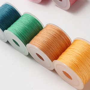 May include: Spools of colorful thread in shades of pink, teal, green, orange, and yellow. The thread is tightly wound on clear plastic spools, ideal for crafting and sewing projects. The spools are arranged diagonally against a white background.
